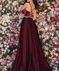 Clarisse - 8087 Deep V-neck Shimmer Taffeta A-line Dress