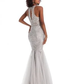 Clarisse - 8094 Beaded Lace Halter Trumpet Dress