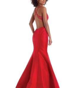 Clarisse - 8195 Beaded Deep V-neck Taffeta Trumpet Dress
