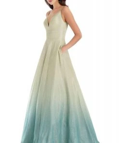 Clarisse - 8233 Deep V-neck Glitter Ombre A-line Dress