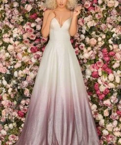 Clarisse - 8233 Deep V-neck Glitter Ombre A-line Dress