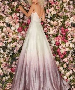 Clarisse - 8233 Deep V-neck Glitter Ombre A-line Dress