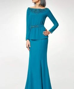 Clarisse - M6538 Beaded Embellished Neckline Long Sleeve Formal Dress