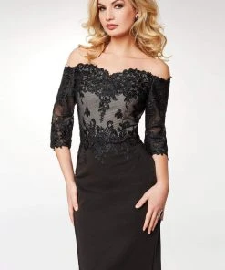 Clarisse - M6566 Lace Off-Shoulder Satin Sheath Knee Length Dress