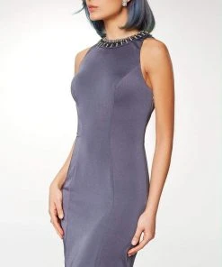 Clarisse - M6567 Crystal Beaded Halter Satin Sheath Dress