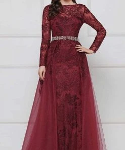 Colors Dress - 1830SL Lace Sheath Long Sleeve Gown With Overskirt