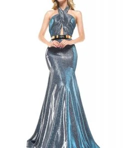 Colors Dress - 2287 Shiny Crossed Neckline Trumpet Dress