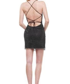 Colors Dress 2424 - Lace Up Back Mesh Cocktail Dress