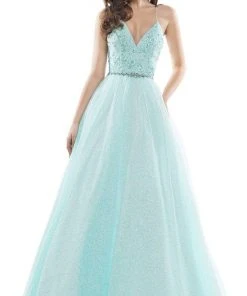 Colors Dress - 2480 Glitter Plunging V Neck Ballgown