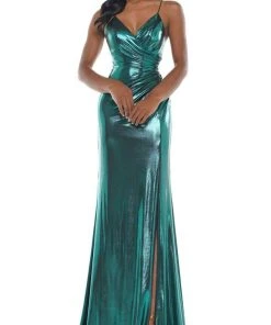 Colors Dress - 2635 V-Neck Metallic Jersey Gown