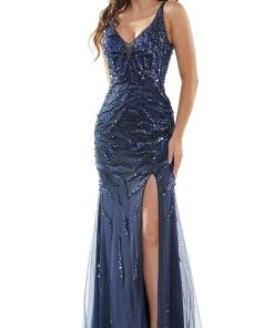 Colors Dress - 2651 Beaded Mesh High Slit Gown 12 Colors Dress - 2651 Beaded Mesh High Slit Gown