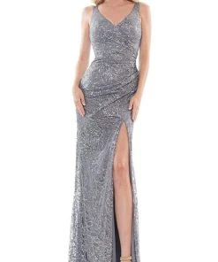 Colors Dress - G1074 V-Neck Ruched Sequin Dress