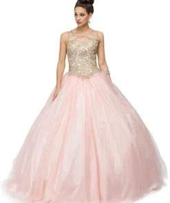 Dancing Queen - 1101 Gold Embroidered Illusion Neck Formal Ball Gown 16 Dancing Queen - 1101 Gold Embroidered Illusion Neck Formal Ball Gown