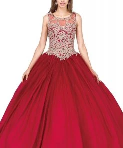 Dancing Queen - 1101 Gold Embroidered Illusion Neck Formal Ball Gown