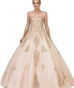 Dancing Queen - 1105 Strapless Sweetheart Gilt Appliqued Prom Ball Gown