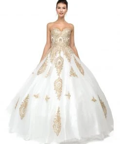 Dancing Queen - 1105 Strapless Sweetheart Gilt Appliqued Prom Ball Gown