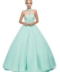 Dancing Queen - 1136 Illusion Halter Beaded Quinceanera Gown