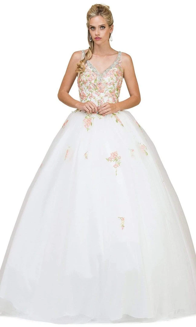 Dancing Queen - 1187 Floral Applique V-neck Quinceanera Ballgown 3 Dancing Queen - 1187 Floral Applique V-neck Quinceanera Ballgown