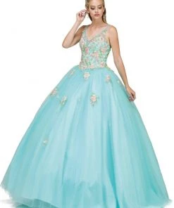 Dancing Queen - 1187 Floral Applique V-neck Quinceanera Ballgown 9 Dancing Queen - 1187 Floral Applique V-neck Quinceanera Ballgown