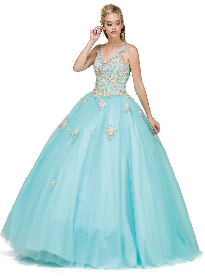 Dancing Queen - 1187 Floral Applique V-neck Quinceanera Ballgown 5 Dancing Queen - 1187 Floral Applique V-neck Quinceanera Ballgown