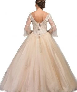 Dancing Queen - 1247 Sheer Trumpet Sleeve Wide V-neck Quinceanera Ballgown 8 Dancing Queen - 1247 Sheer Trumpet Sleeve Wide V-neck Quinceanera Ballgown
