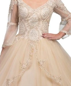 Dancing Queen - 1247 Sheer Trumpet Sleeve Wide V-neck Quinceanera Ballgown