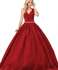 Dancing Queen - 1356 Deep V-Neck Bejeweled Waist Ballgown