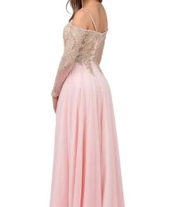Dancing Queen - 2422 Appliqued Sheer Long Sleeves A-Line Prom Gown