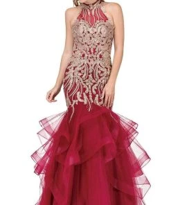 Dancing Queen - 2447 Gold Applique Halter Tiered Mermaid Prom Dress