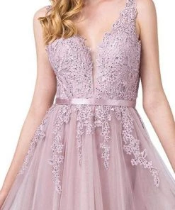 Dancing Queen - 2596 Illusion Plunging Neck Floral Applique Tulle Gown