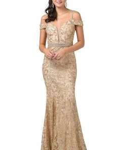 Dancing Queen - 2772 Embellished Deep Off-Shoulder Trumpet Dress