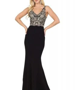 Dancing Queen - 2912 Sleeveless V Neck Lace Applique Long Prom Dress