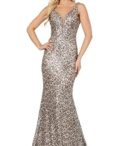 Dancing Queen - 2921 Printed Deep V-neck Trumpet Dress