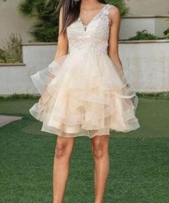 Dancing Queen 3273 - Lace V-Neck Ruffled Cocktail Dress