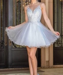 Dancing Queen 3308 - V-Neck Curled A-Line Cocktail Dress