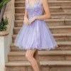 Dancing Queen 3316 - Applique V-Neck Tulle Cocktail Dress