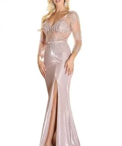 Dancing Queen - 4009 Embellished Plunging V-neck Trumpet Dress