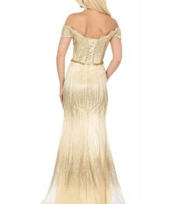 Dancing Queen - 4071 Off-Shoulder Metallic Appliqued High Slit Gown