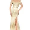 Dancing Queen - 4071 Off-Shoulder Metallic Appliqued High Slit Gown