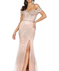 Dancing Queen - 4071 Off-Shoulder Metallic Appliqued High Slit Gown