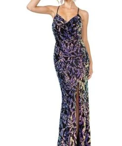 Dancing Queen - 4135 V Neck Sequined Evening Dress