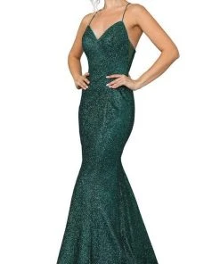 Dancing Queen - 4168 V-Neck With Spaghetti Strap Shimmer Mermaid Gown