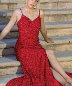 Dancing Queen 4254 - V-neck Lace Up Back Evening Gown