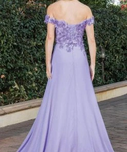 Dancing Queen 4268 - Floral Detailed Off Shoulder Prom Dress