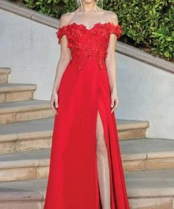 Dancing Queen 4268 - Floral Detailed Off Shoulder Prom Dress