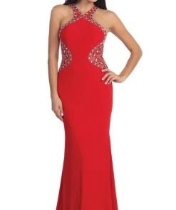 Dancing Queen - 9007 Bead-Ornate Contoured Halter Neck Prom Dress