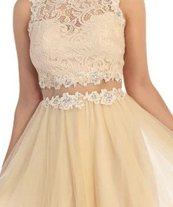 Dancing Queen - 9080 Bejeweled Lace Illusion Short Prom Dress