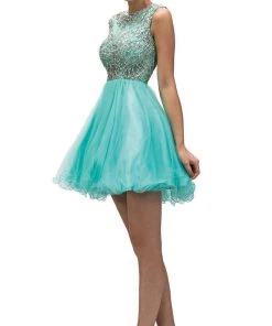 Dancing Queen - 9149 Cap Sleeve Crystal Beaded Cocktail Dress