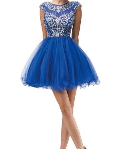 Dancing Queen - 9149 Cap Sleeve Crystal Beaded Cocktail Dress