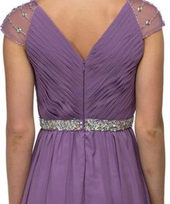 Dancing Queen - 9182 Illusion Cap Sleeve Pleated V-Neck Chiffon Evening Dress